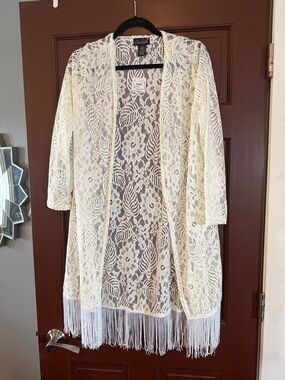 Lace Fringe Swim Coverup - Cream